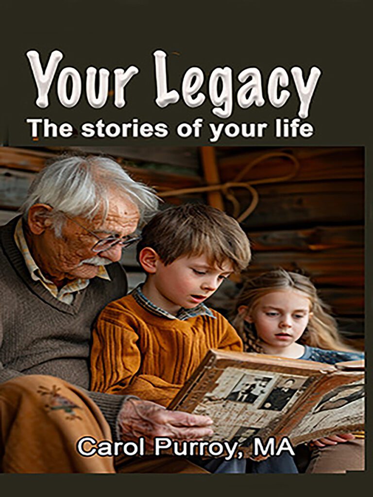 Image of a grandfather looking over his grandson's shoulder, while granddaughter looks on, reading a book. White lettering on dark background.