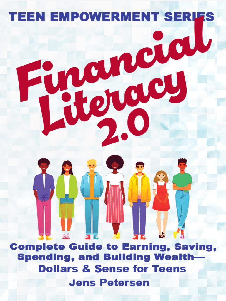 Title in Vibrant red letters on a pale background. Banner, Tagline and author name in blue..Colorful upbeat teens depicting successful  teen entrepreneurs