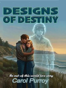 Lovers embrace at seashore while the ghost of an Air Force pilot looks on. Black lettering agsinst light blue dky. Subtitle and author's name in white letters.