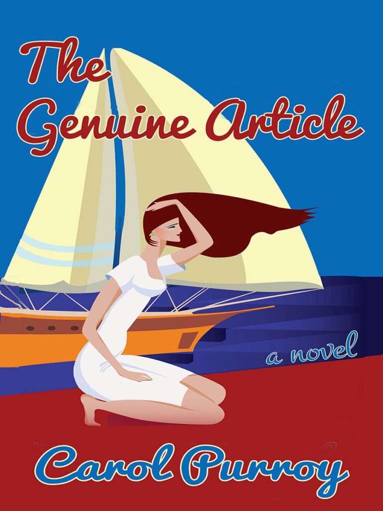 Stylized art. Young woman, her hair blowing in the wind, in front of a sailboat. Title in red lettering, author's name in blue.