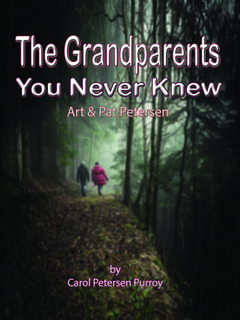 Middle-aged couple walking in forest. White typography stands out on dark background. 