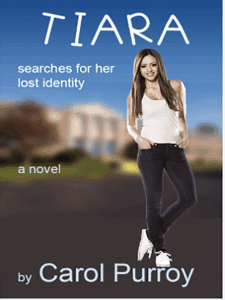 Teen girl in white tank top and bluejeans standing in front of her high school. White lettering stands out against against a blue sky.
