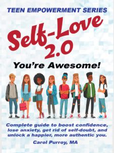 Title in vibrant red on pale blue background; banner, subtitle, author's name in navy blue. A rowofm colorfully dressed, enthusiastic teens grace the cover.