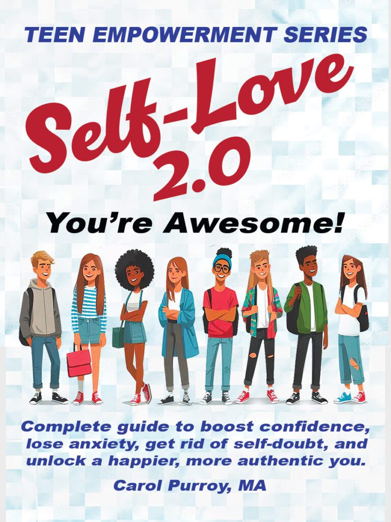 Title in vibrant red on pale blue background; banner, subtitle, author's name in navy blue. A rowofm colorfully dressed, enthusiastic teens grace the cover.