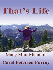Red text on blue sky. Woman, arms raised looking over Yosemite Valley.