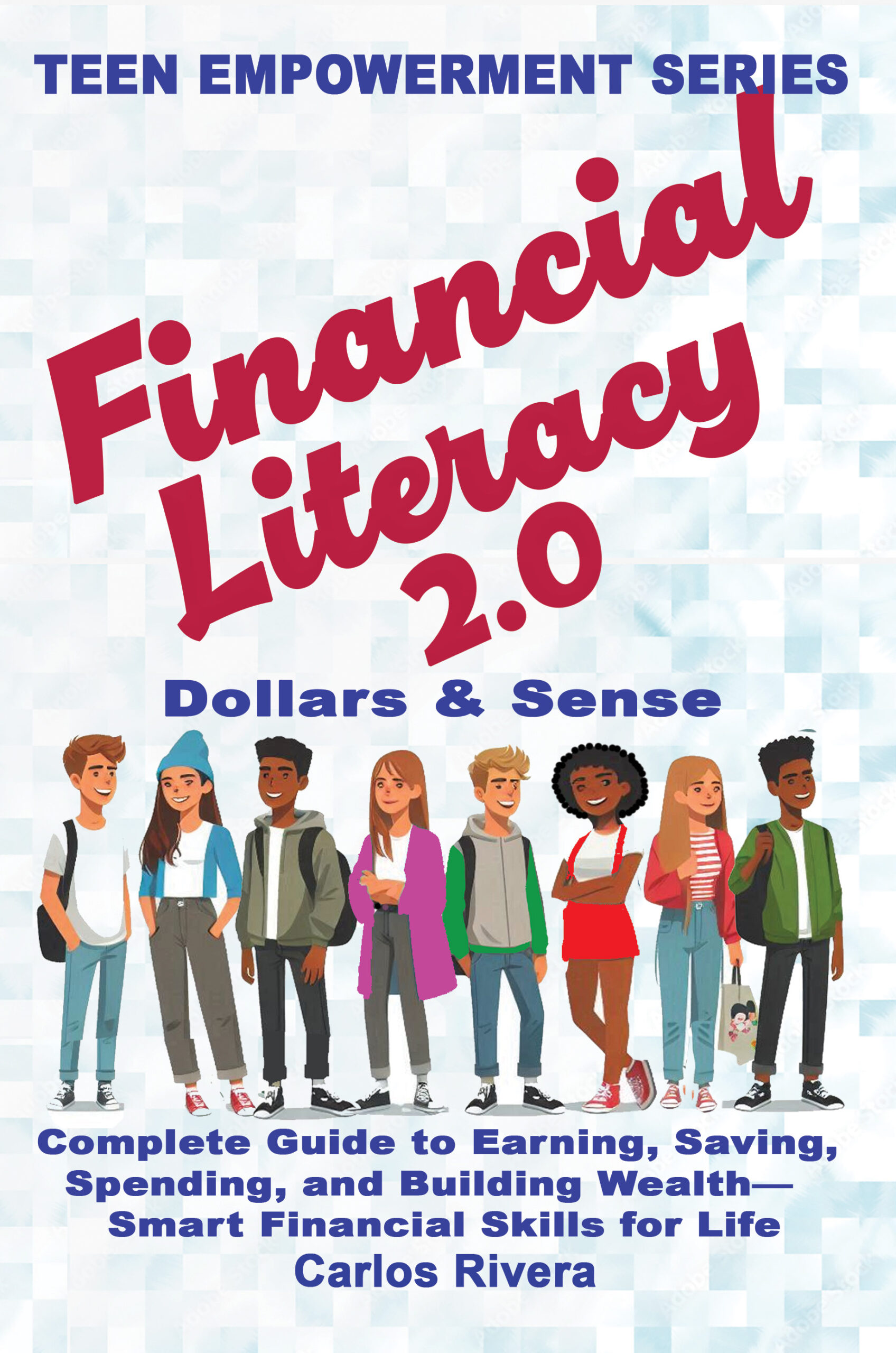 Red upslanting Title. Black subtext. Colorfully dressed contemporary teens decorate the cover over a pale blue and white background.