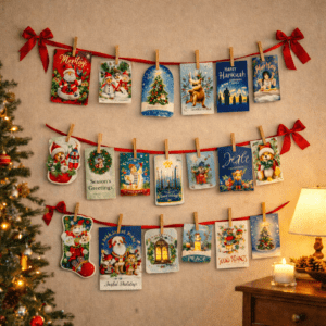 Christmas cards on ribbons attached to wall next to Christmas tree.