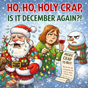 Crying Santa, frustrated woman, snarly snowman with list. Background pale blue. Text: HO HO HOLY CRAP. Is it December again?