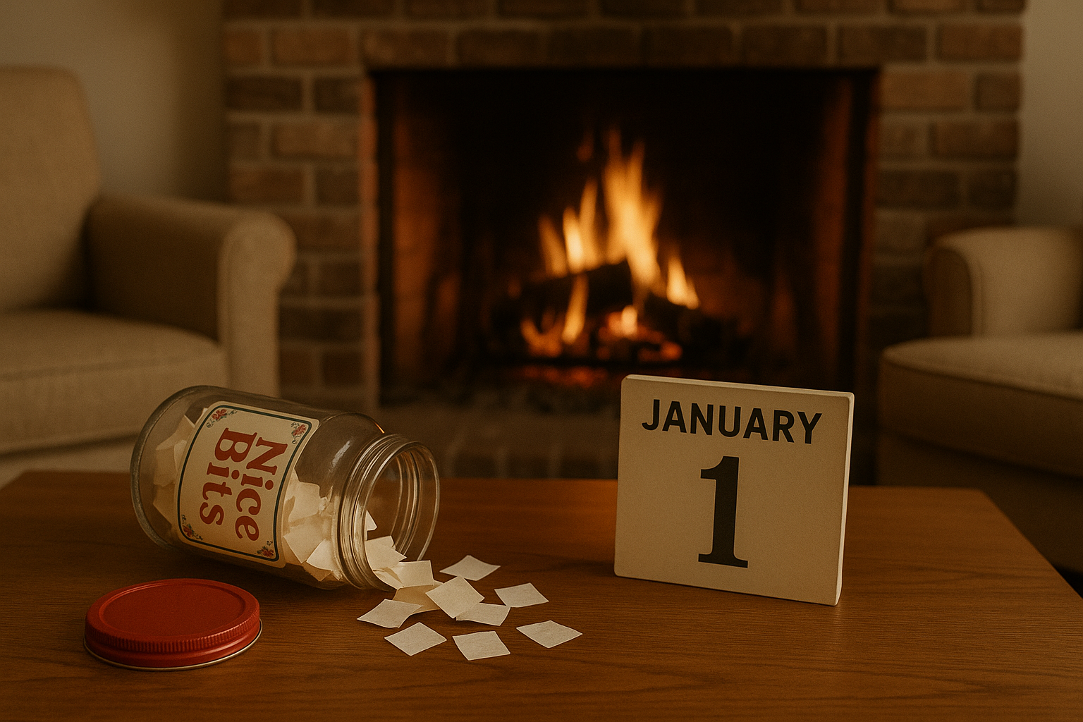 A gratitude jar with bits of paper falling out in front of fireplace. Dark living room background. January 1, New Years Day.