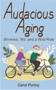 Pale blue background, black text, elderly couple on tendem bike