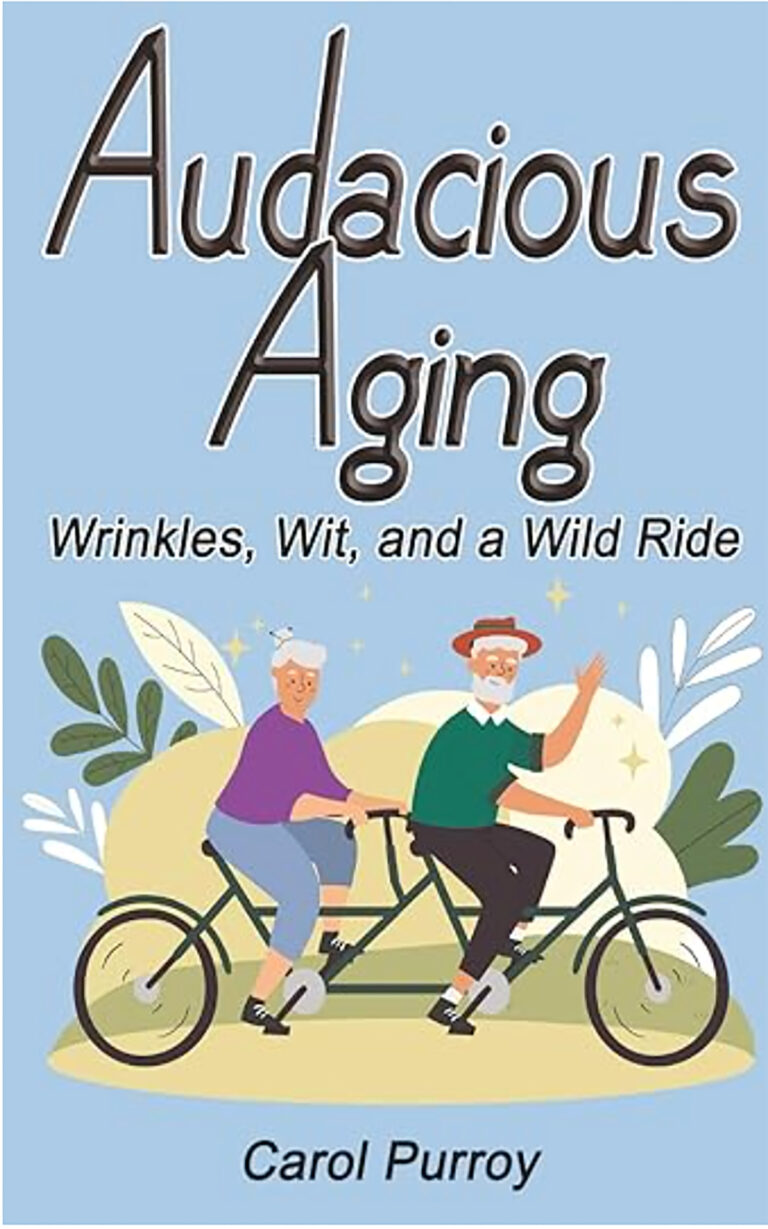 Pale blue background, black text, elderly couple on tendem bike